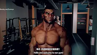 Спортивная тянка с гигантскими буферами тягает гантели и прыгает на члене
